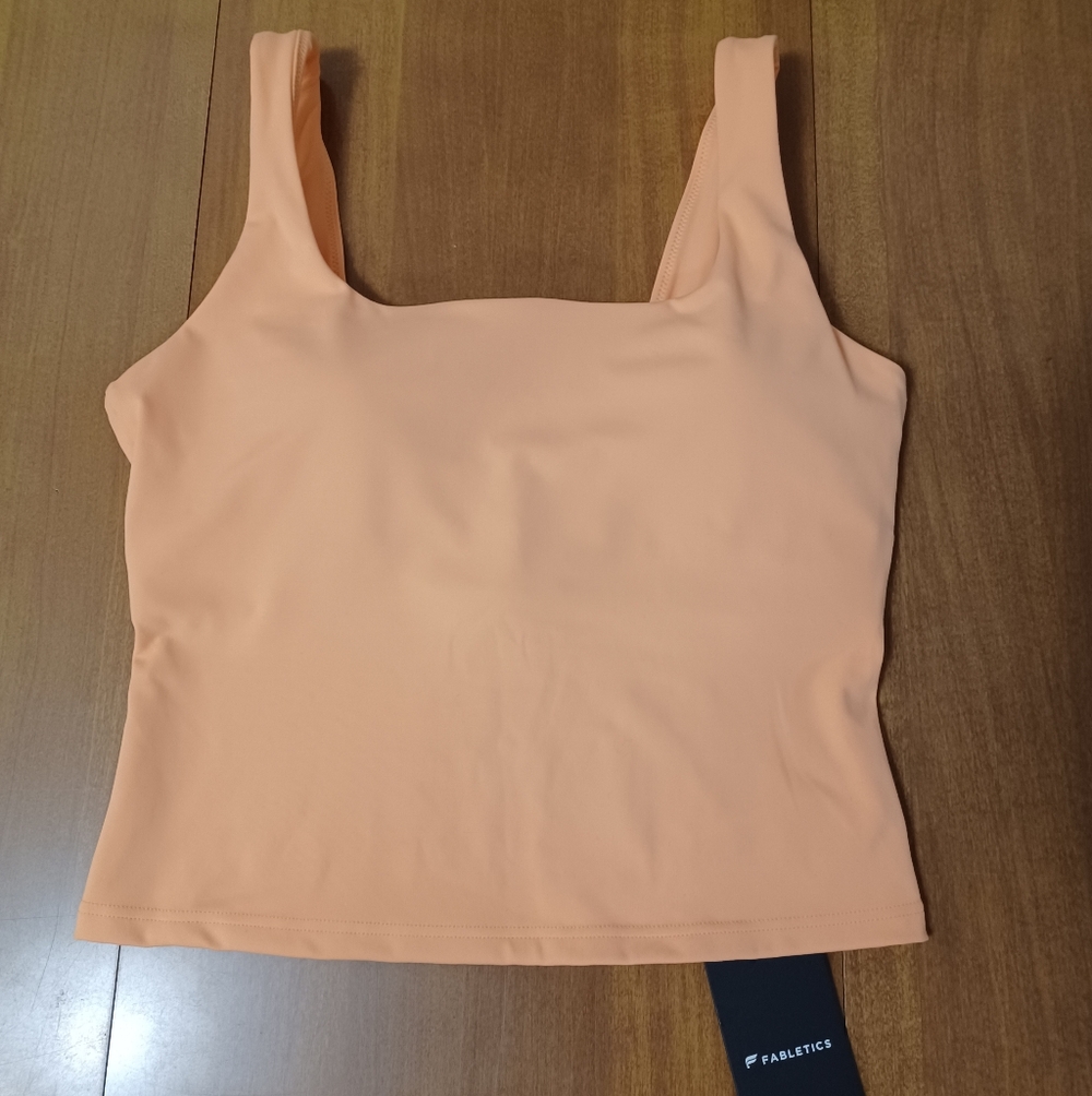 Fabletics Pureluxe Built-In Bra Tank Top Womens Small Orange Cropped NEW